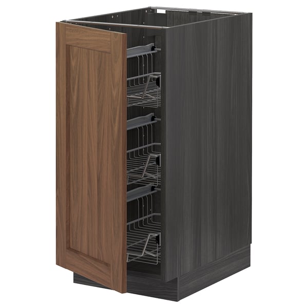 METOD base cabinet with wire baskets, black Enköping/brown walnut effect, 40.0x80.0x60.0 cm
