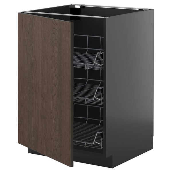 METOD base cabinet with wire baskets, black-grey/Sinarp brown, 60x60 cm