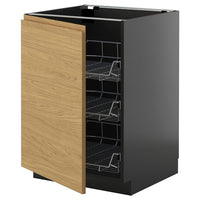 METOD base cabinet with wire baskets, black-grey/Voxtorp oak effect, 60x60 cm