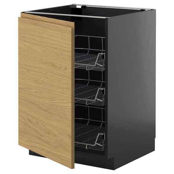 METOD base cabinet with wire baskets, black-grey/Voxtorp oak effect, 60x60 cm
