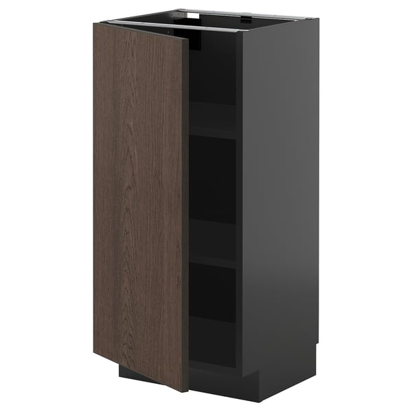 METOD base cabinet with shelves, black-grey/Sinarp brown, 40x37 cm