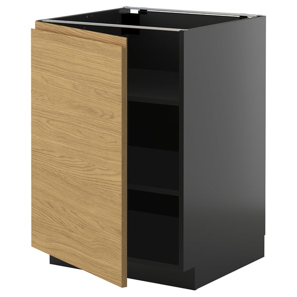 METOD base cabinet with shelves, black-grey/Voxtorp oak effect, 60x60 cm