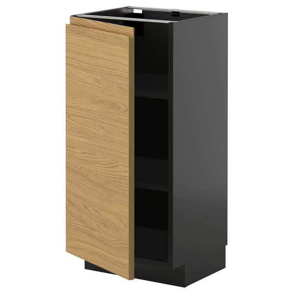 METOD base cabinet with shelves, black-grey/Voxtorp oak effect, 40x37 cm