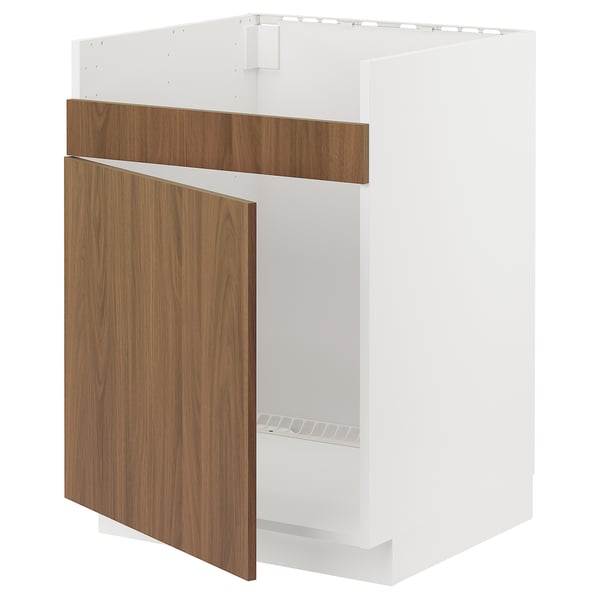 METOD base cab f HAVSEN single bowl sink, white/Tistorp brown walnut effect, 60x60 cm