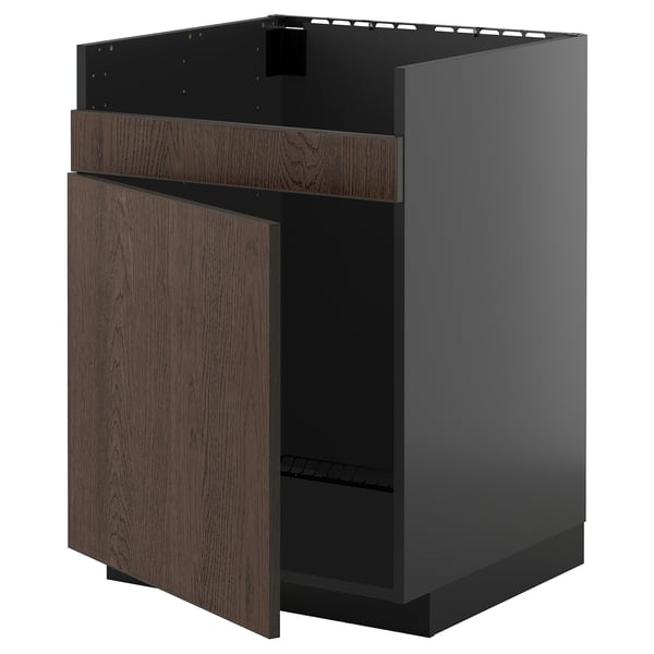 METOD base cab f HAVSEN single bowl sink, black-grey/Sinarp brown, 60x60 cm