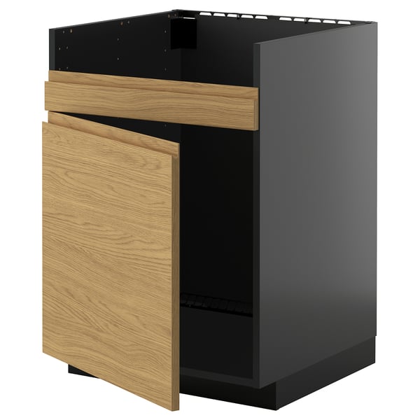METOD base cab f HAVSEN single bowl sink, black-grey/Voxtorp oak effect, 60x60 cm