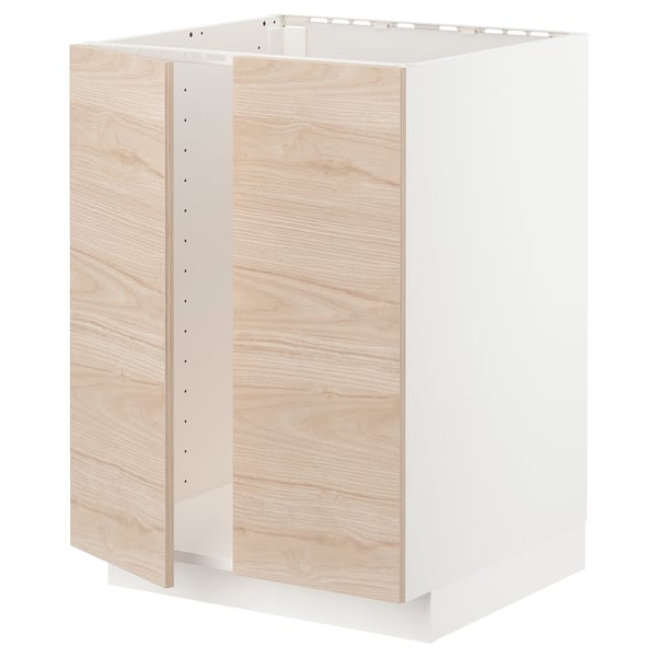 METOD base cabinet for sink + 2 doors, white/Askersund light ash effect, 60x60 cm