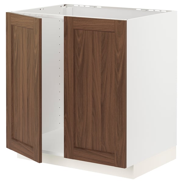 METOD base cabinet for sink + 2 doors, white Enköping/brown walnut effect, 80x60 cm