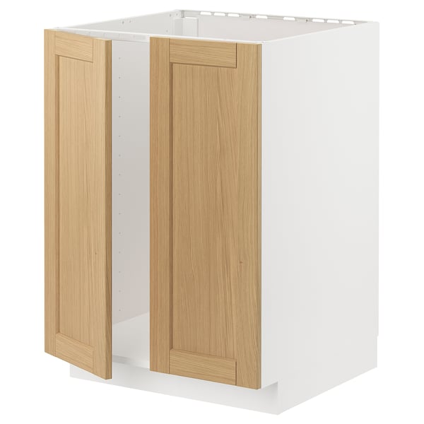 METOD base cabinet for sink + 2 doors, white/Forsbacka oak, 60x60 cm