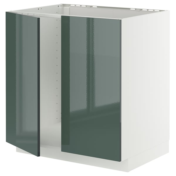 METOD base cabinet for sink + 2 doors, white/Kallarp high-gloss dark grey-green, 80x60 cm
