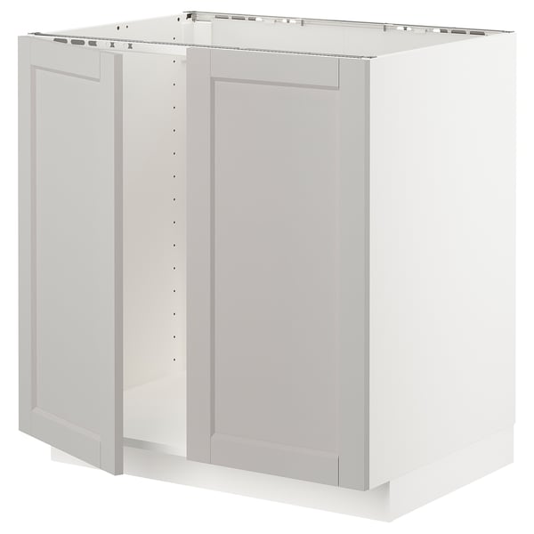 METOD base cabinet for sink + 2 doors, white/Lerhyttan light grey, 80x60 cm
