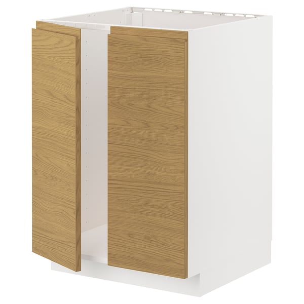 METOD base cabinet for sink + 2 doors, white/Voxtorp oak effect, 60x60 cm