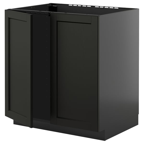 METOD base cabinet for sink + 2 doors, black-grey/Lerhyttan black stained, 80x60 cm
