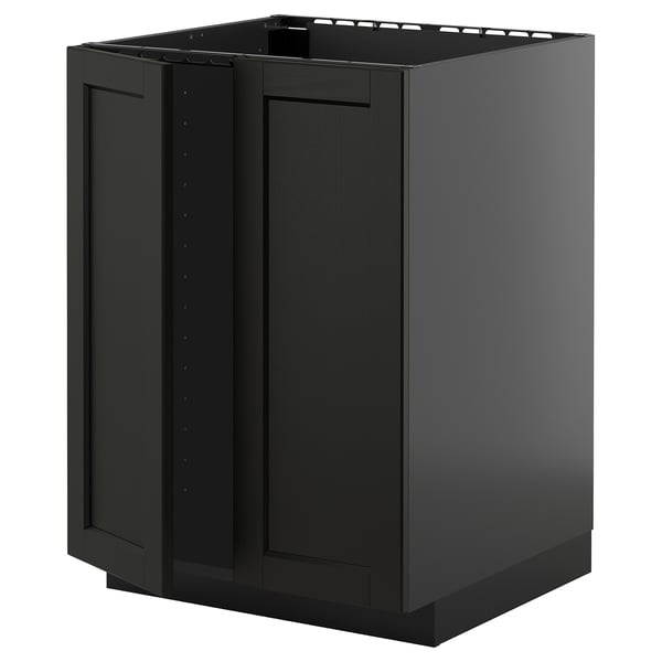 METOD base cabinet for sink + 2 doors, black-grey/Lerhyttan black stained, 60x60 cm