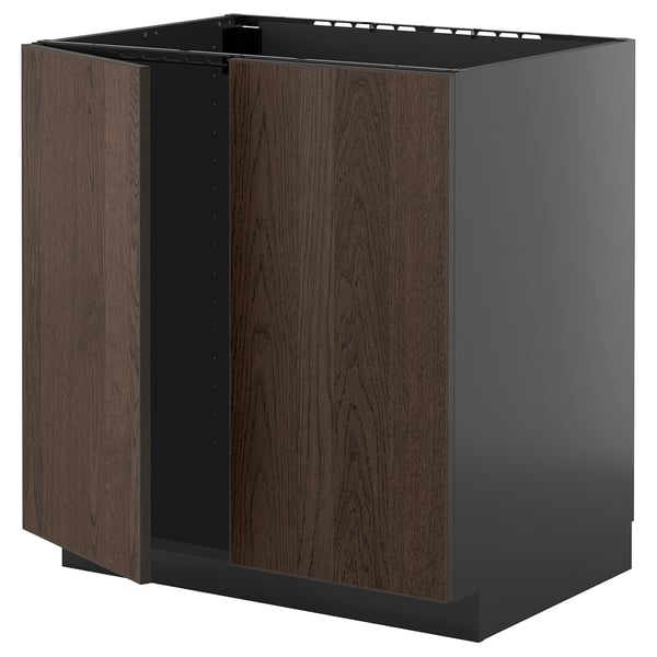 METOD base cabinet for sink + 2 doors, black-grey/Sinarp brown, 80x60 cm