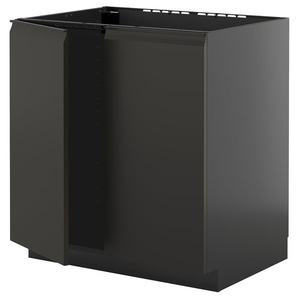 METOD base cabinet for sink + 2 doors, black-grey/Upplöv matt anthracite, 80x60 cm