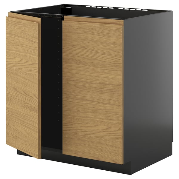 METOD base cabinet for sink + 2 doors, black-grey/Voxtorp oak effect, 80x60 cm