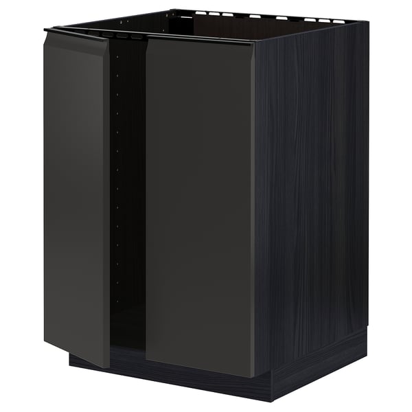 METOD base cabinet for sink + 2 doors, black/Upplöv matt anthracite, 60x60 cm