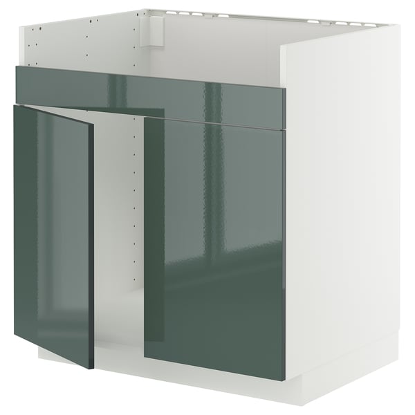 METOD base cab f HAVSEN double bowl sink, white/Kallarp high-gloss dark grey-green, 80x60 cm