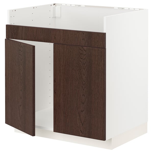 METOD base cab f HAVSEN double bowl sink, white/Sinarp brown, 80x60 cm