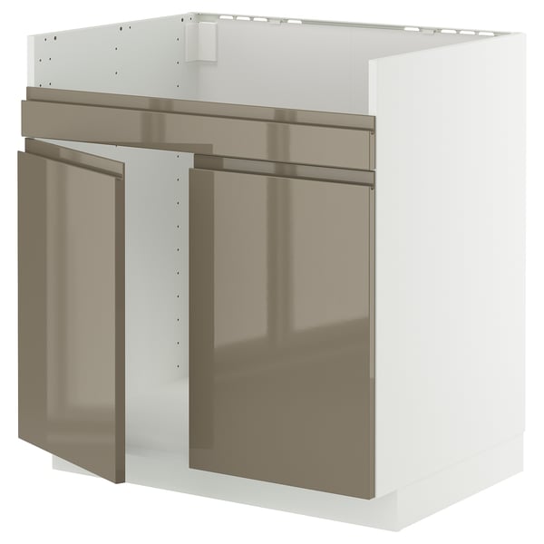 METOD base cab f HAVSEN double bowl sink, white/Voxtorp high-gloss dark grey-brown, 80x60 cm