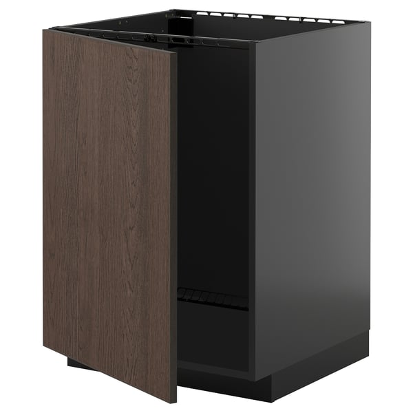 METOD base cabinet for sink, black-grey/Sinarp brown, 60x60 cm