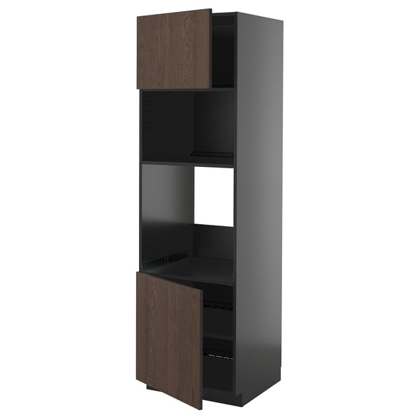 METOD hi cb f oven/micro w 2 drs/shelves, black-grey/Sinarp brown, 60x60x200 cm