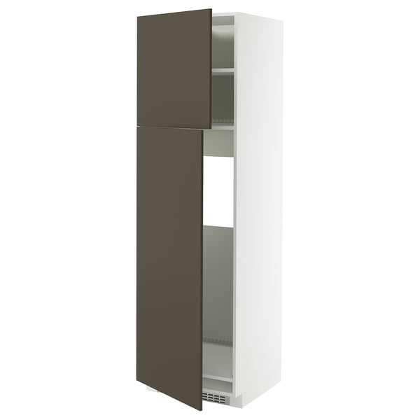 METOD high cabinet for fridge w 2 doors, white/Havstorp brown-beige, 60x60x200 cm