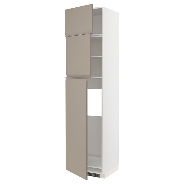 METOD high cab for fridge with 3 doors, white/Upplöv matt dark beige, 60x60x240 cm