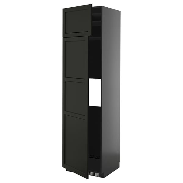 METOD hi cab f fridge or freezer w 2 drs, black-grey/Lerhyttan black stained, 60x60x220 cm