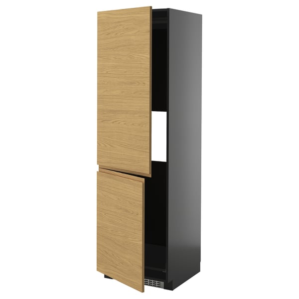 METOD hi cab f fridge or freezer w 2 drs, black-grey/Voxtorp oak effect, 60x60x200 cm