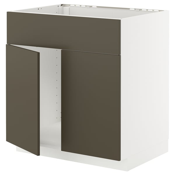 METOD base cabinet f sink w 2 doors/front, white/Havstorp brown-beige, 80x60 cm