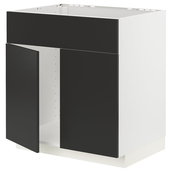 METOD base cabinet f sink w 2 doors/front, white/Nickebo matt anthracite, 80x60 cm