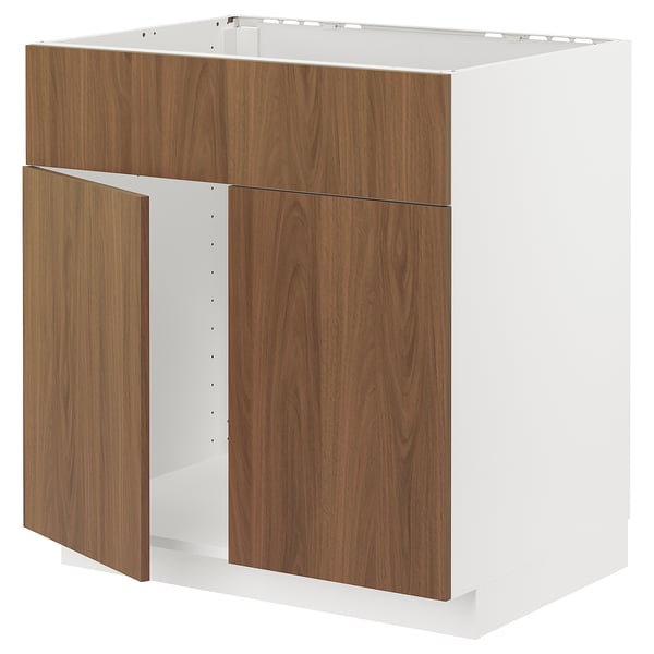 METOD base cabinet f sink w 2 doors/front, white/Tistorp brown walnut effect, 80x60 cm
