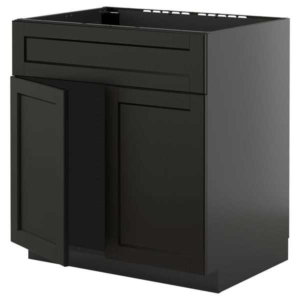 METOD base cabinet f sink w 2 doors/front, black-grey/Lerhyttan black stained, 80x60 cm