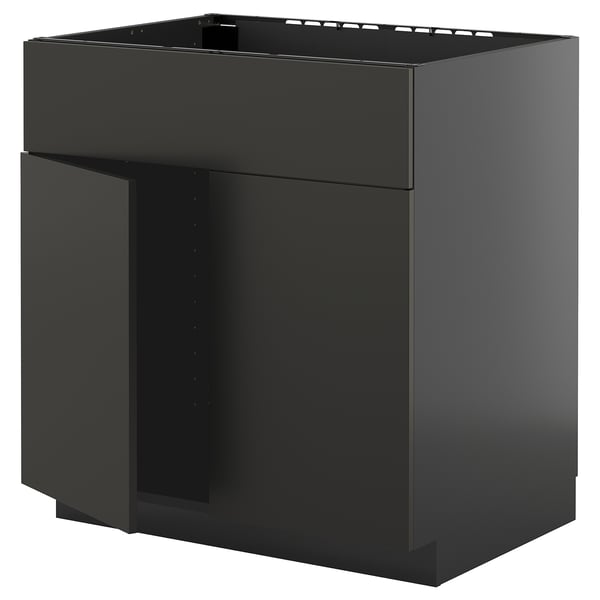 METOD base cabinet f sink w 2 doors/front, black-grey/Nickebo matt anthracite, 80x60 cm