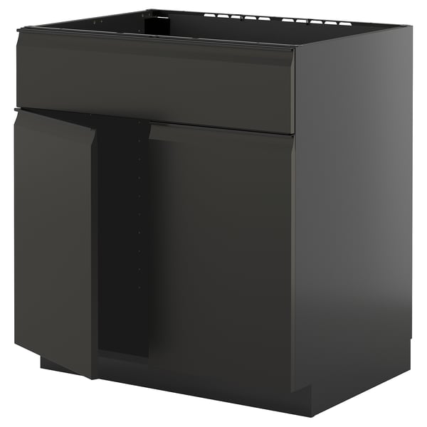 METOD base cabinet f sink w 2 doors/front, black-grey/Upplöv matt anthracite, 80x60 cm