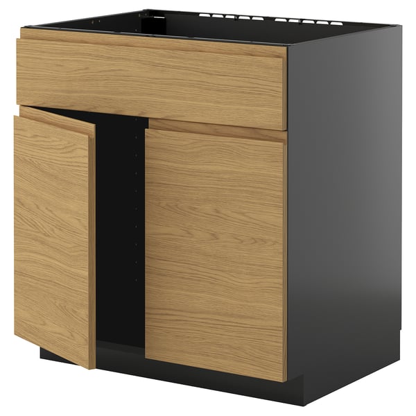METOD base cabinet f sink w 2 doors/front, black-grey/Voxtorp oak effect, 80x60 cm