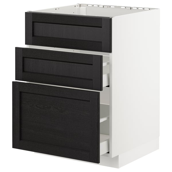 METOD base cab f sink+3 fronts/2 drawers, white/Lerhyttan black stained, 60x60 cm