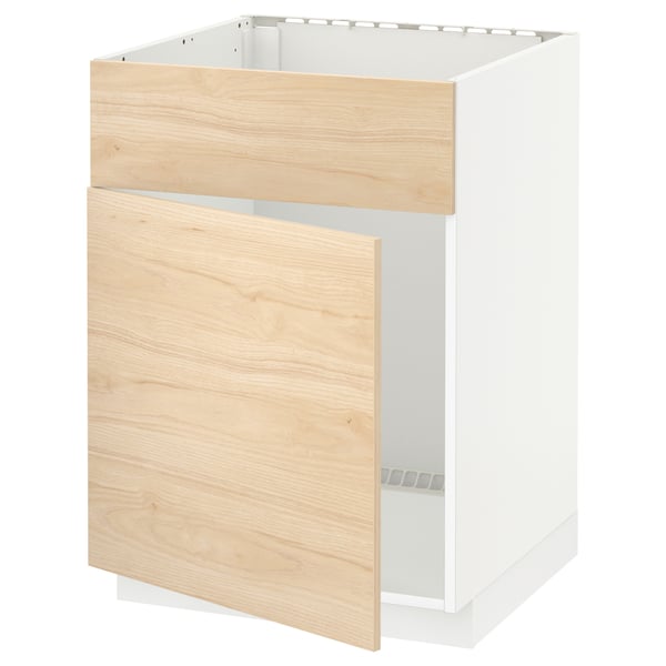 METOD base cabinet f sink w door/front, white/Askersund light ash effect, 60x60 cm