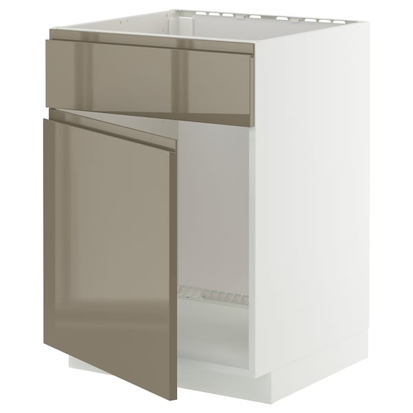 METOD base cabinet f sink w door/front, white/Voxtorp high-gloss dark grey-brown, 60x60 cm