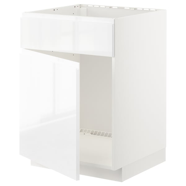 METOD base cabinet f sink w door/front, white/Voxtorp high-gloss/white, 60x60 cm