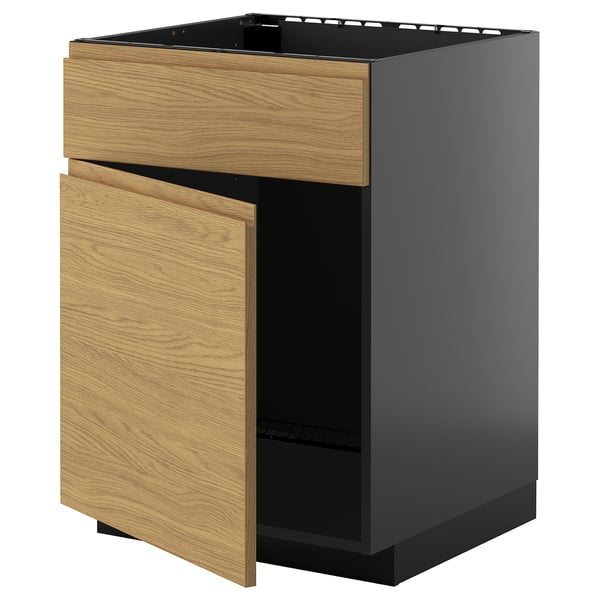 METOD base cabinet f sink w door/front, black-grey/Voxtorp oak effect, 60x60 cm
