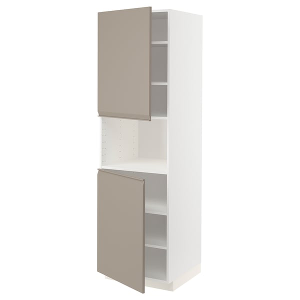 METOD high cab f micro w 2 doors/shelves, white/Upplöv matt dark beige, 60x60x200 cm