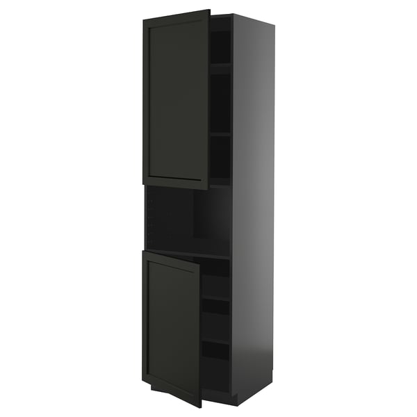METOD high cab f micro w 2 doors/shelves, black-grey/Lerhyttan black stained, 60x60x220 cm