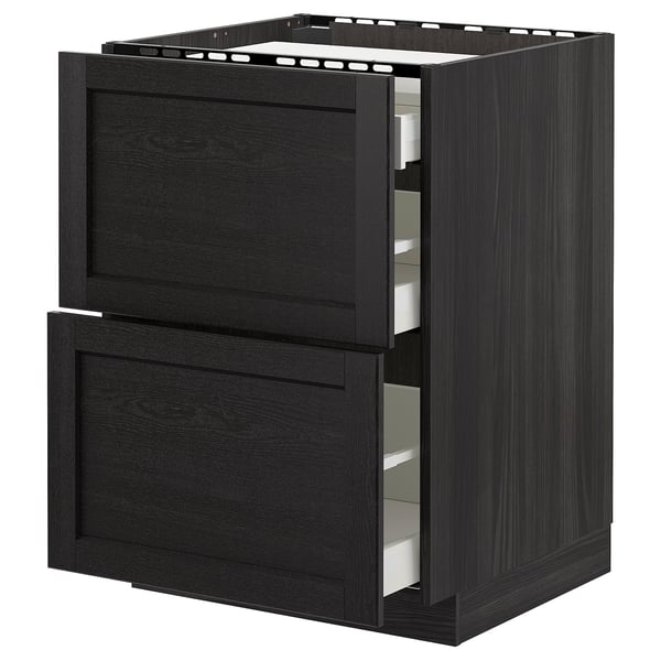 METOD base cab f hob/2 fronts/3 drawers, black/Lerhyttan black stained, 60.0x80.0x60.0 cm