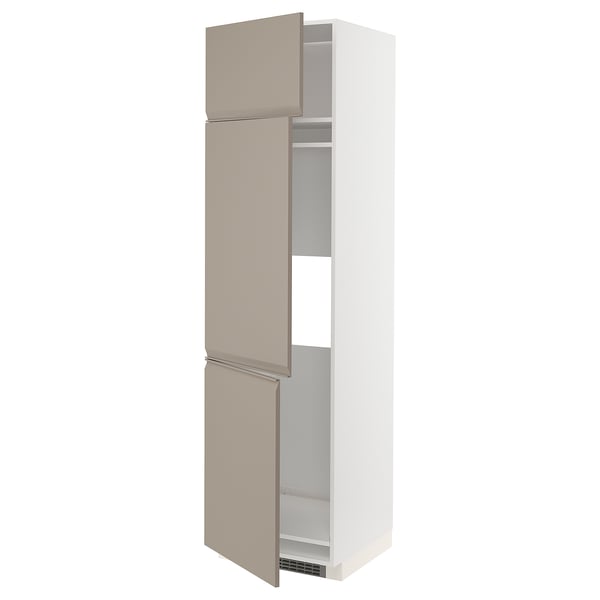 METOD high cab f fridge/freezer w 3 doors, white/Upplöv matt dark beige, 60x60x220 cm