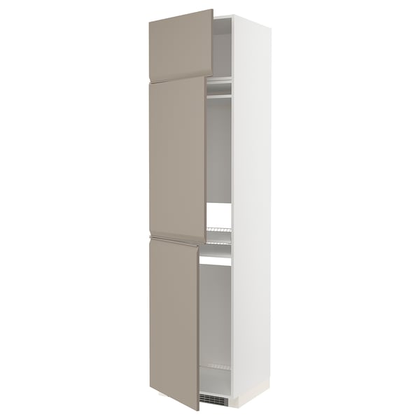 METOD high cab f fridge/freezer w 3 doors, white/Upplöv matt dark beige, 60x60x240 cm