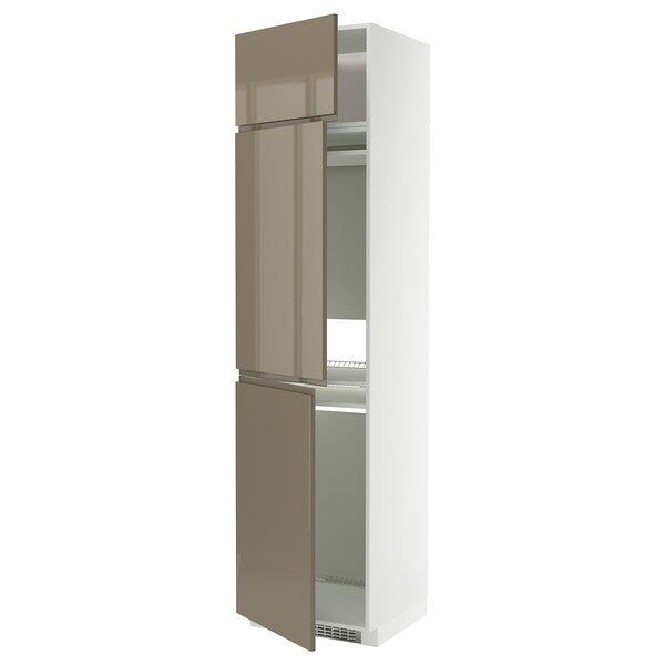 METOD high cab f fridge/freezer w 3 doors, white/Voxtorp high-gloss dark grey-brown, 60x60x240 cm