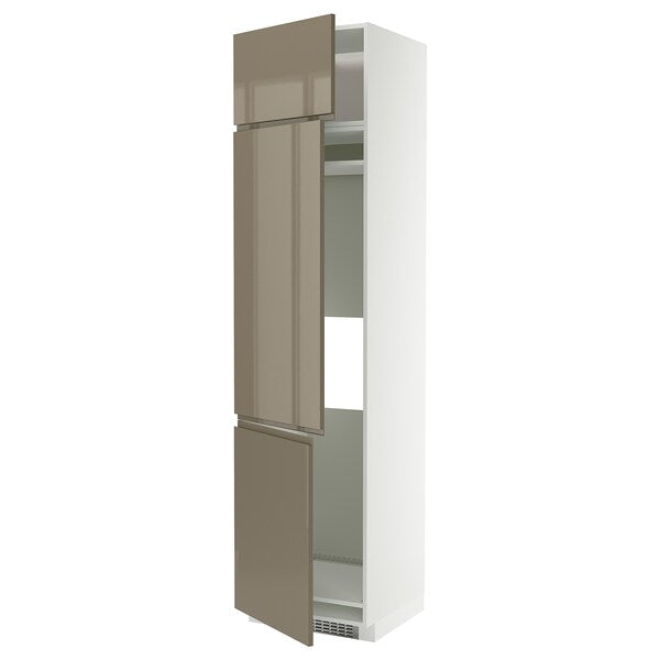 METOD high cab f fridge/freezer w 3 doors, white/Voxtorp high-gloss dark grey-brown, 60x60x240 cm